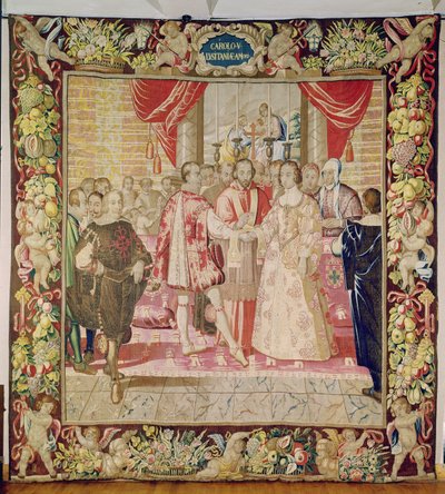 Der Wandteppich von Karl V. zeigt die Hochzeit von Karl V. mit Isabella von Portugal im Jahr 1526, Brügge, um 1630-40 (Wandteppich) von Flemish School